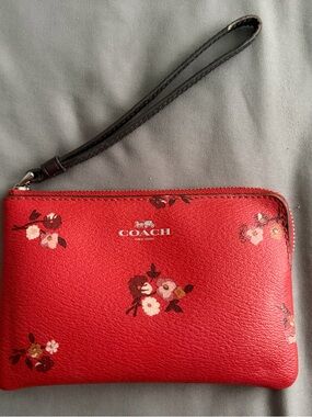 Coach Red Floral Wristlet with Brown Strap